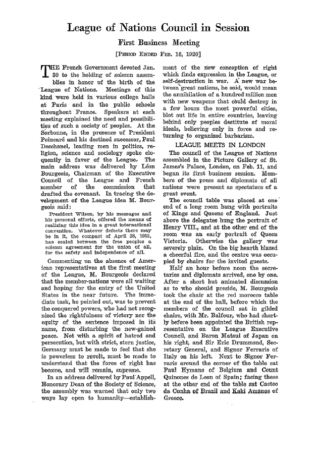 First page of League of Nations Council in Session<subtitle>First Business Meeting</subtitle>