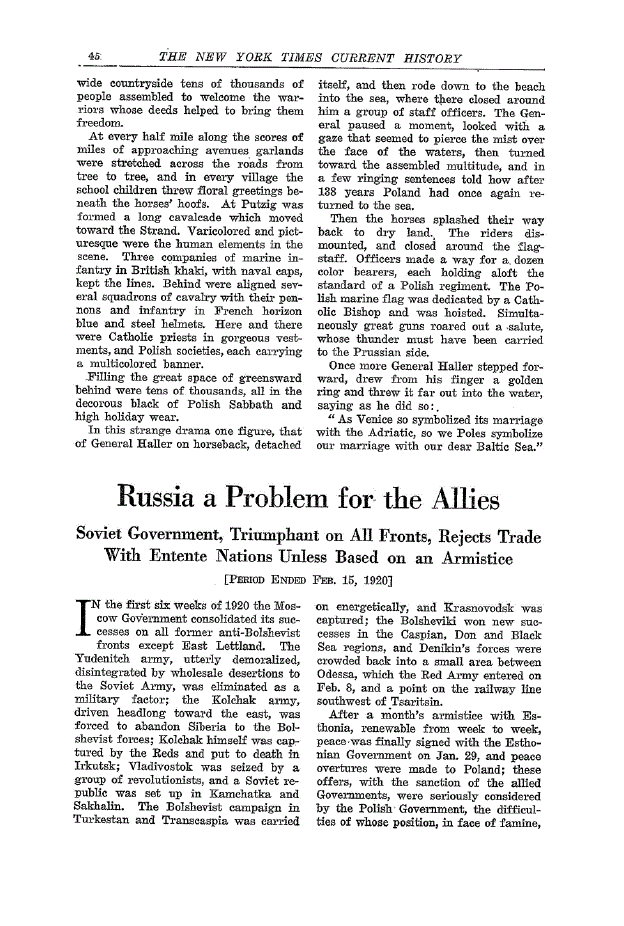 First page of Russia a Problem for the Allies<subtitle>Soviet Government, Triumphant on All Fronts, Rejects Trade With Entente Nations Unless Based on an Armistice</subtitle>