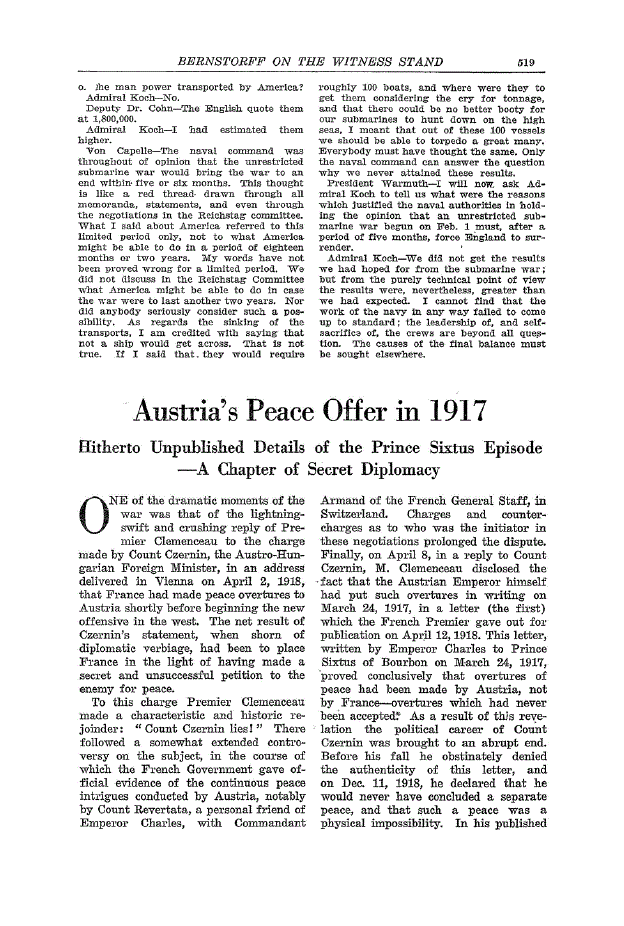 First page of Austria’s Peace Offer in 1917<subtitle>Hitherto Unpublished Details of the Prince Sixtus Episode-A Chapter of Secret Diplomacy</subtitle>