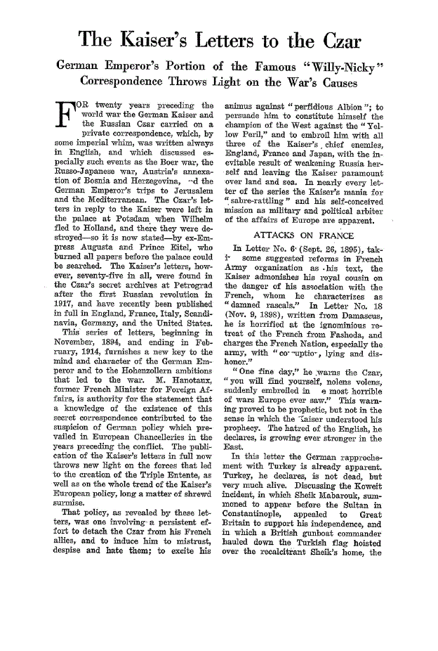 First page of The Kaiser’s Letters to the Czar<subtitle>German Emperor’s Portion of tlie Famous “Willy-Nicky” Correspondence Throws Light on the War’s Causes</subtitle>