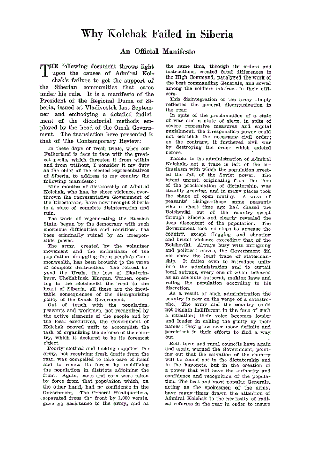 First page of Why Kolchak Failed in Siberia