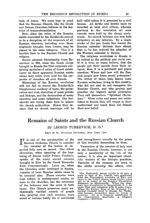 First page of Remains of Saints and the Russian Church