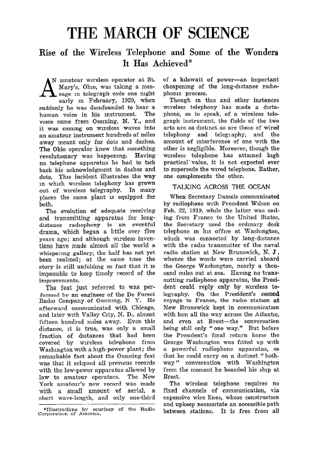 First page of Rise o f the Wireless Telephone and Some o f the Wonders It Has Achieved*