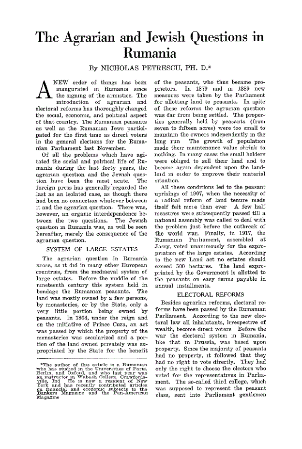 First page of The Agrarian and Jewish Questions in Rumania