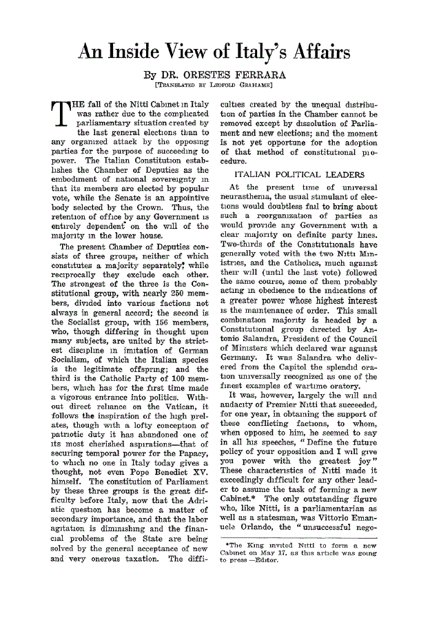 First page of An Inside View of Italy’s Affairs