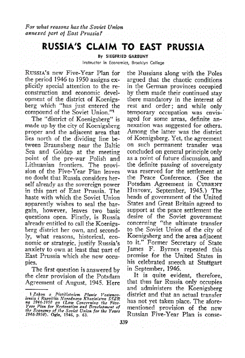 First page of Russia’s Claim To East Prussia
