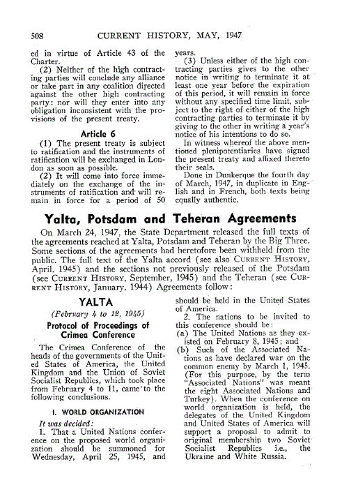First page of Yalta, Potsdam and Teheran Agreements