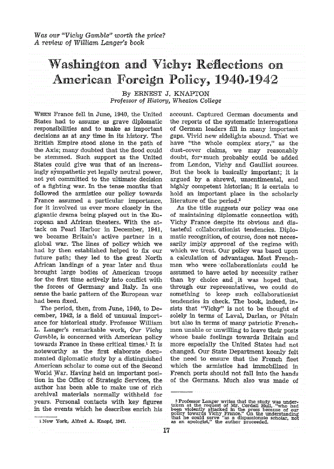 First page of Washington and Vichy<subtitle>Reflections on American Foreign Policy, 1940-1942</subtitle>