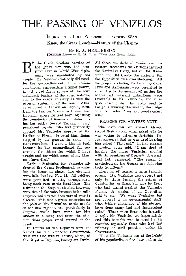 First page of The Passing of Venizelos