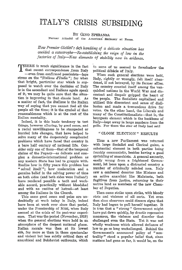 First page of Italy’s Crisis Subsiding