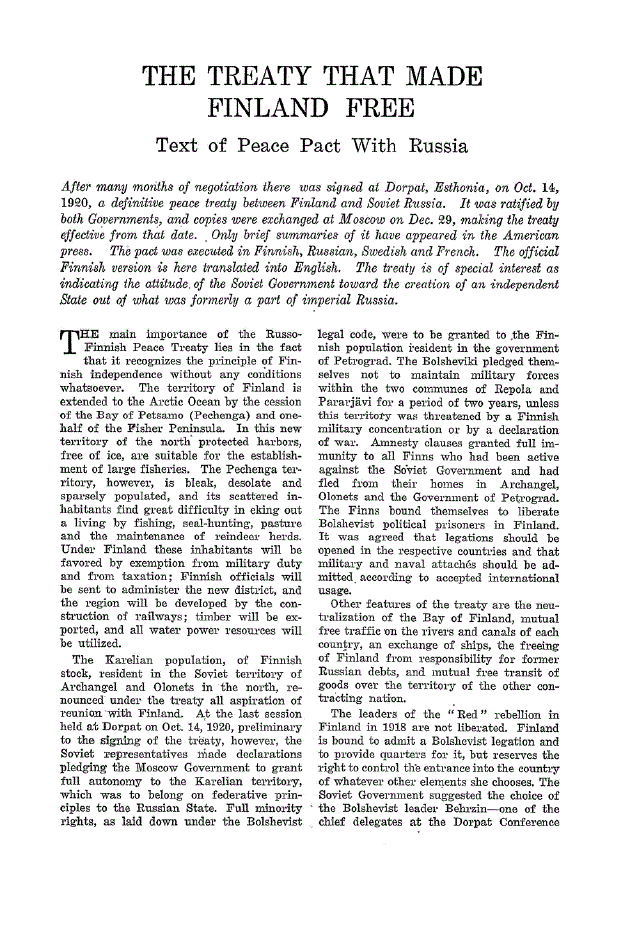 First page of The Treaty that Made Finland Free