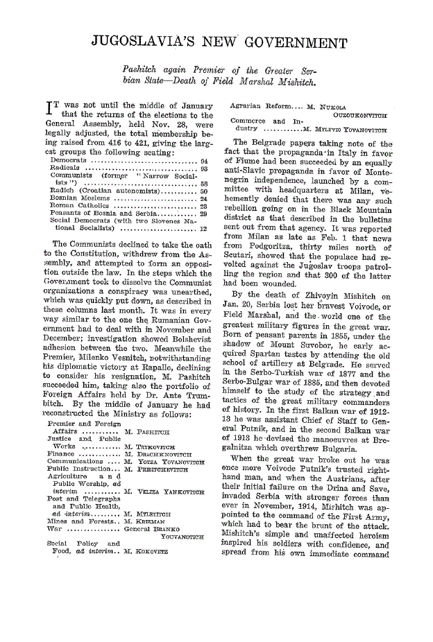 First page of Jugoslavia’s New Government