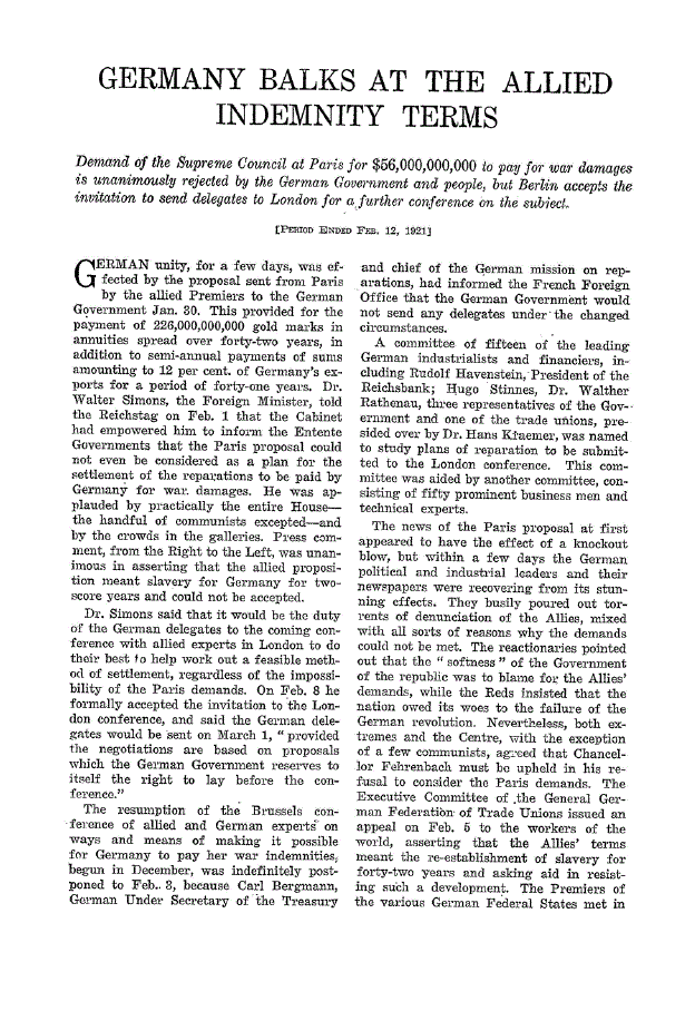 First page of Germany Balks at the Allied Indemnity Terms