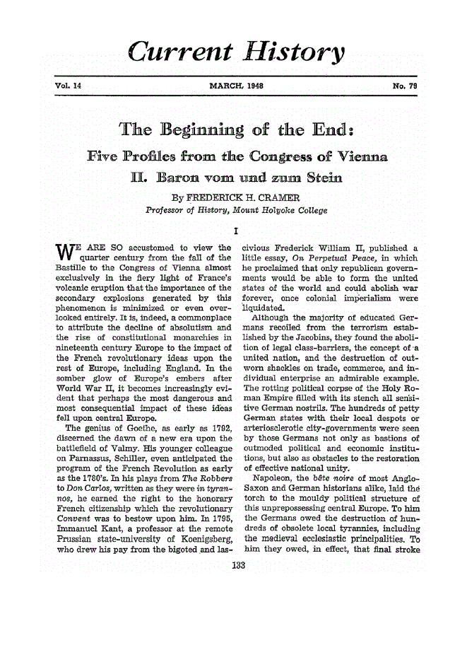 First page of The Beginning of the End: Five Profiles From the Congress of Vienna<subtitle>ii. Baron Vom und zum Stein</subtitle>