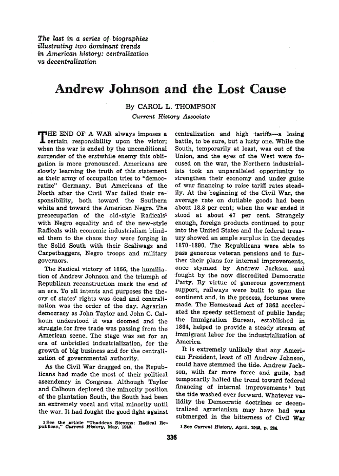 First page of Andrew Johnson and the Lost Cause