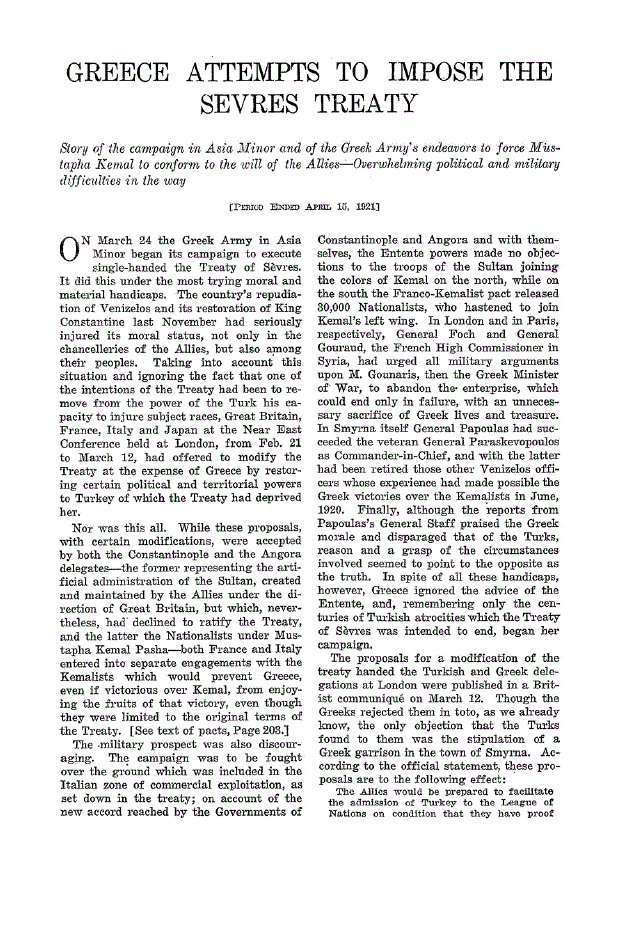 First page of Greece Attempts to Impose the Sevres Treaty