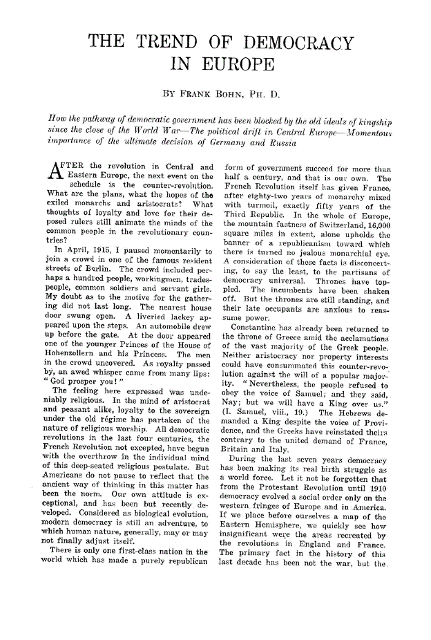 First page of The trend of democracy in Europe