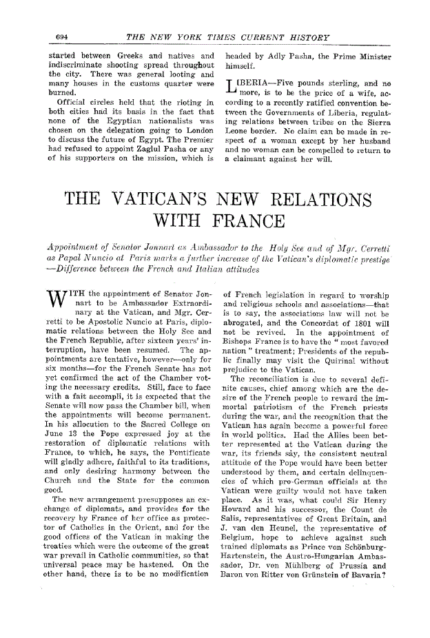 First page of The Vatican’s New Relations with France
