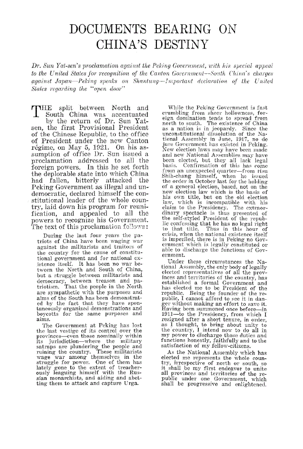First page of Documents Bearing on China’s Destiny