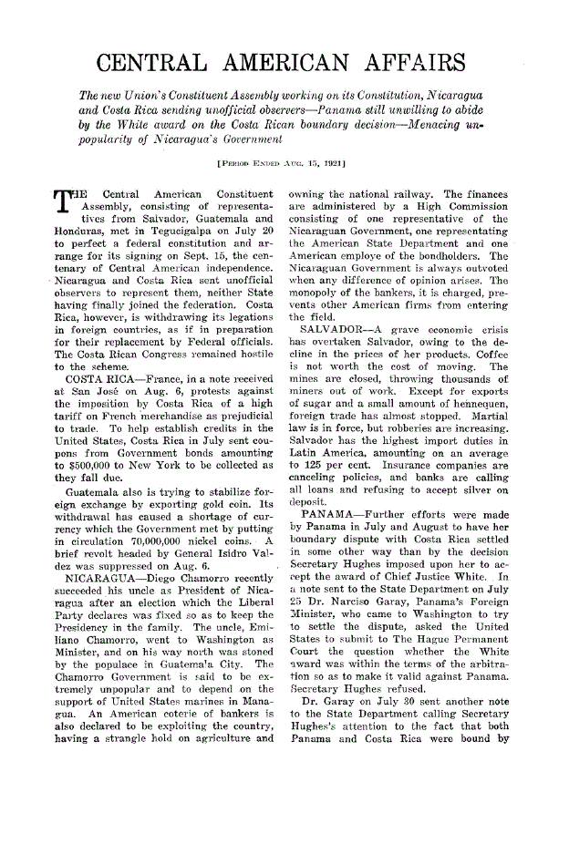 First page of Central American Affairs