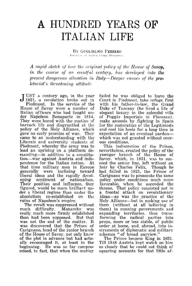 First page of A Hundred Years of Italian Life