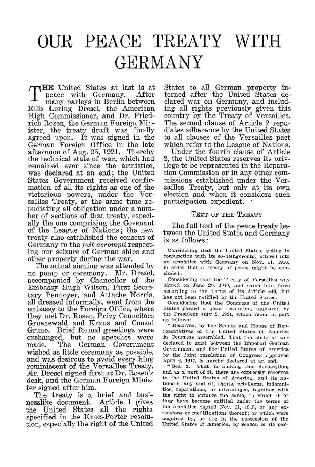 First page of Our Peace Treaty With Germany
