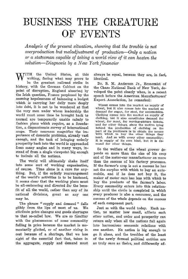 First page of Business the Creature of Events
