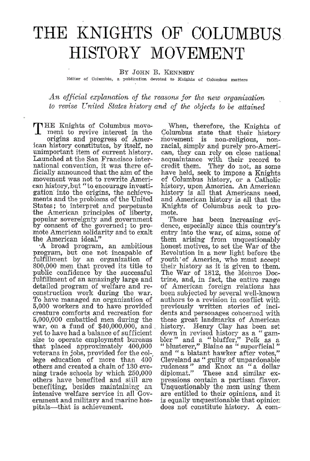 First page of The Knights of Columbus History Movement