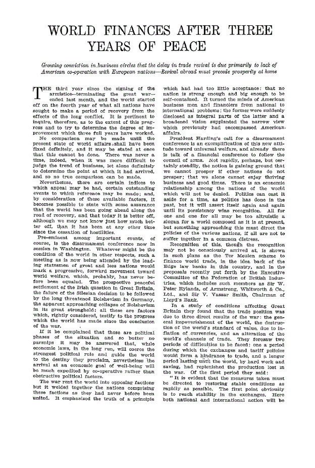 First page of World Finances After Three Years of Peace