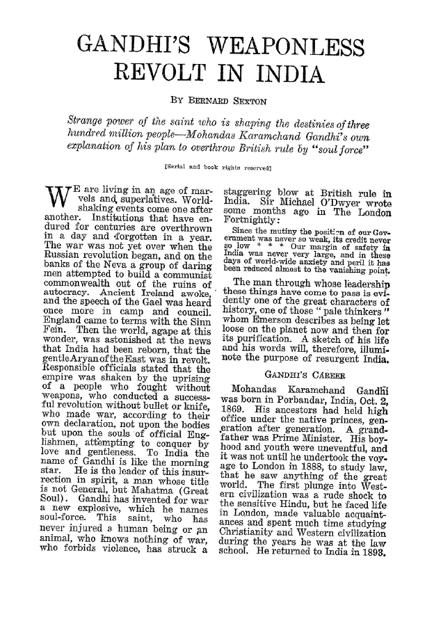 First page of Gandhi’s Weaponless Revolt in India