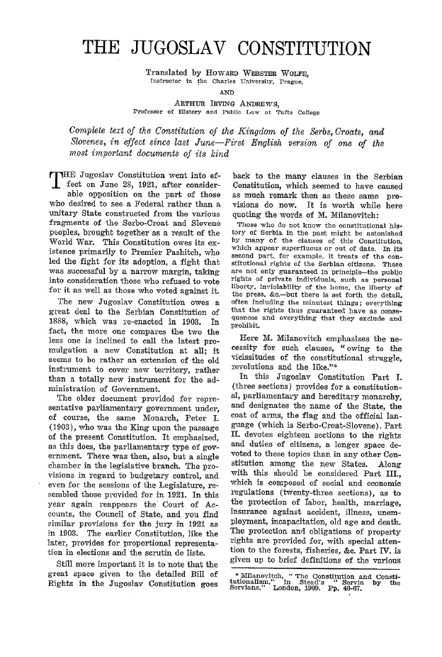 First page of The Jugoslav Constitution