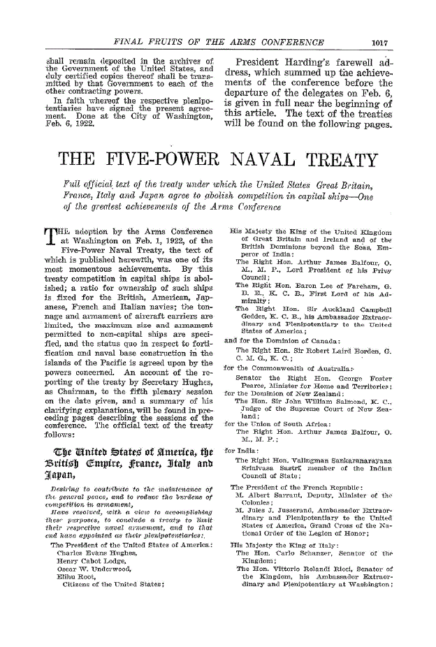 First page of The Five-Power Naval Treaty