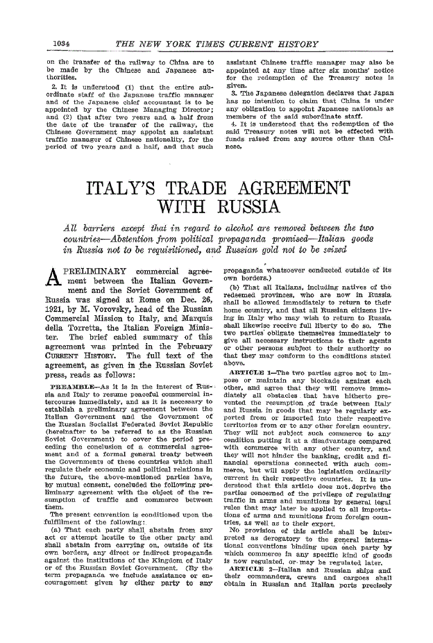 First page of Italy’s Trade Agreement With Russia