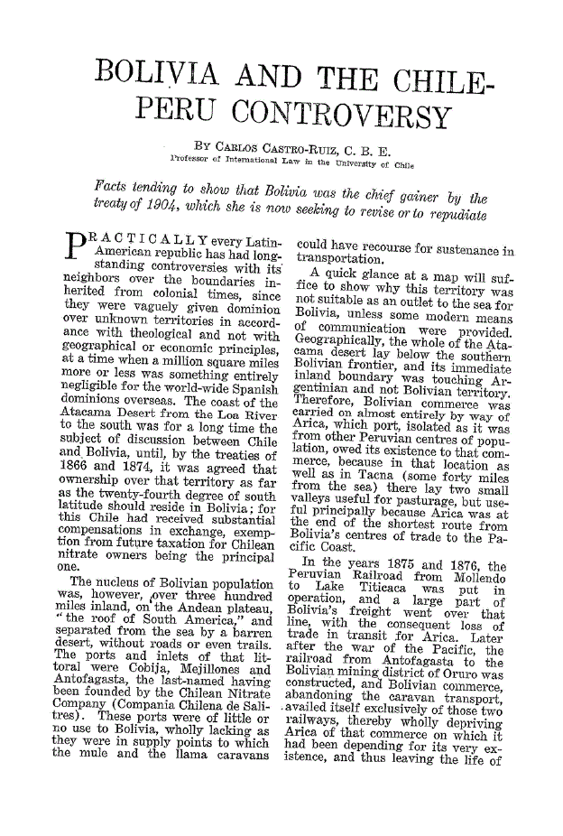 First page of Bolivia And The Chileperu Controversy