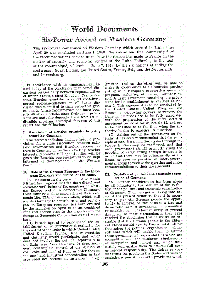 First page of Six-Power Accord on Western Germany