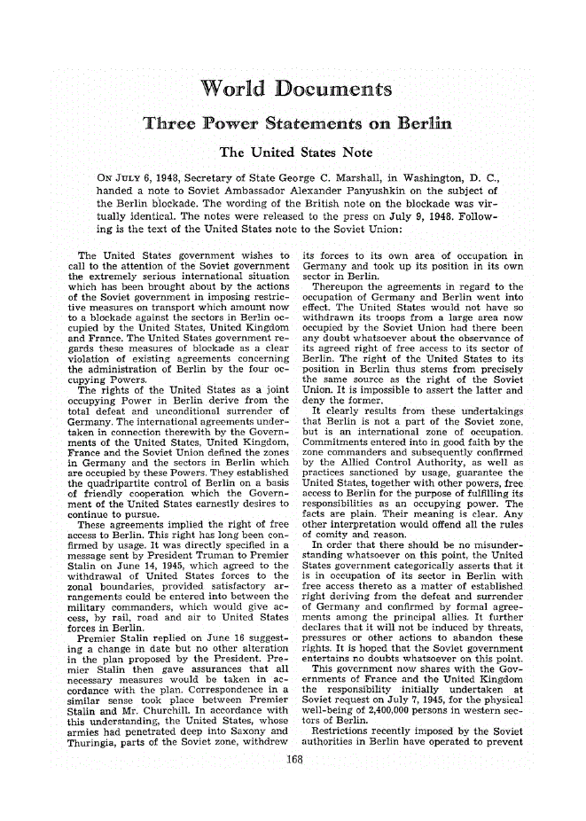 First page of Three Power Statements on Berlin<subtitle>The United States Note</subtitle>
