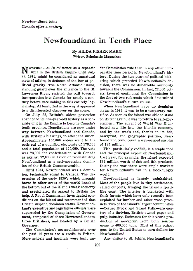 First page of Newfoundland in Tenth Place