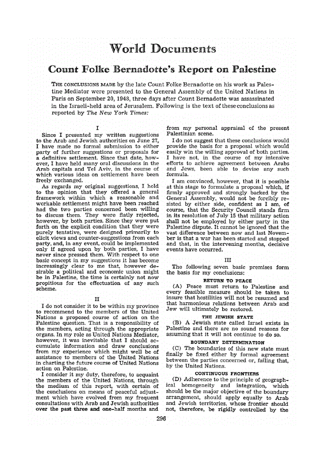 First page of Count Folke Bernadotte’s Report on Palestine