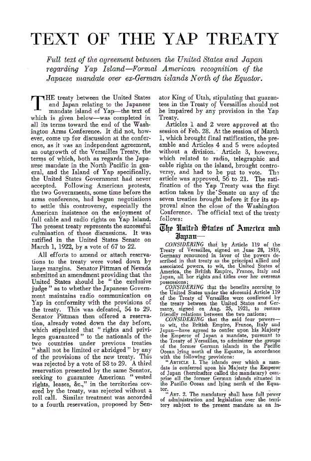 First page of Text of the Yap Treaty