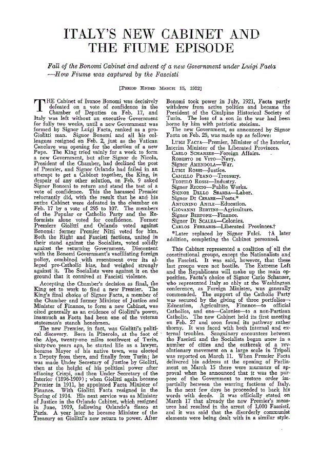 First page of Italy’s New Cabinet and the Fiume Episode