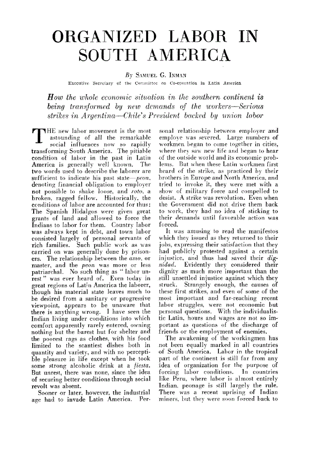 First page of Organized Labor in South America
