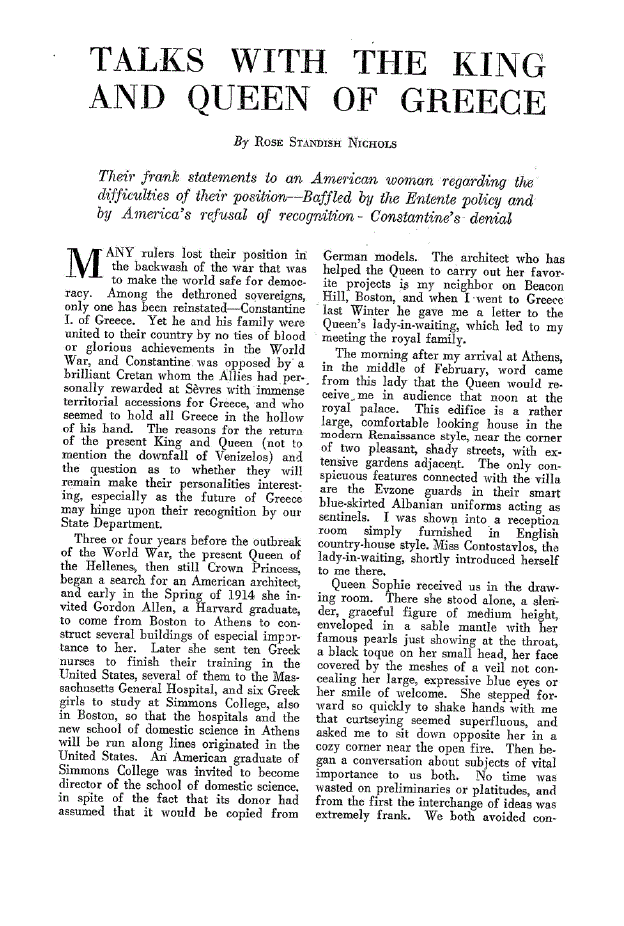 First page of Talks with the King and Queen of Greece