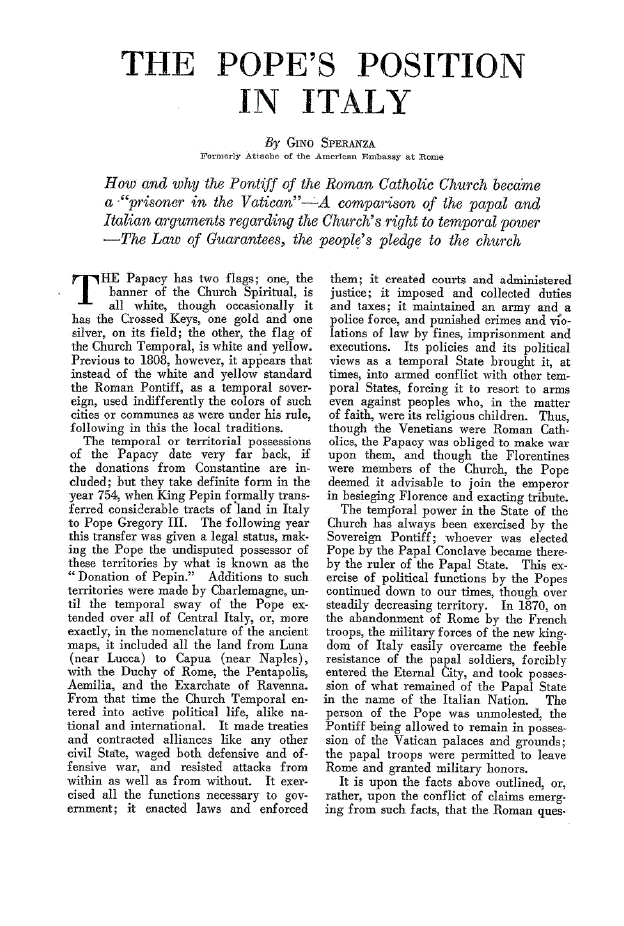 First page of The Pope’s Position in Italy