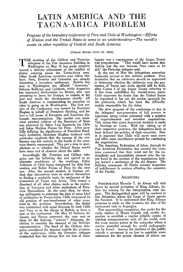First page of Latin America and the Tacna-Arica Problem