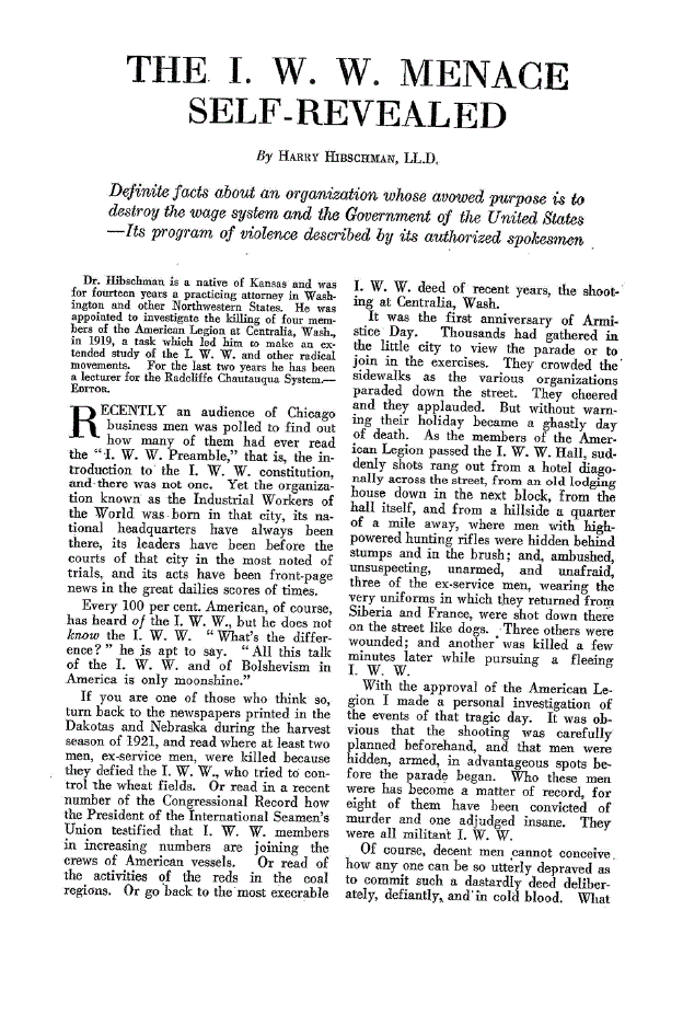 First page of The I. W. W. Menage Self-Revealed