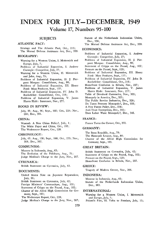 First page of Index for July-December, 1949 Volume 17, Numbers 95-100