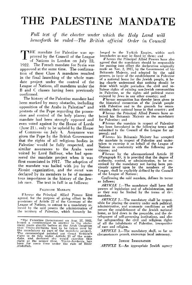 First page of The Palestine Mandate