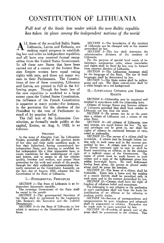 First page of Constitution of Lithuania