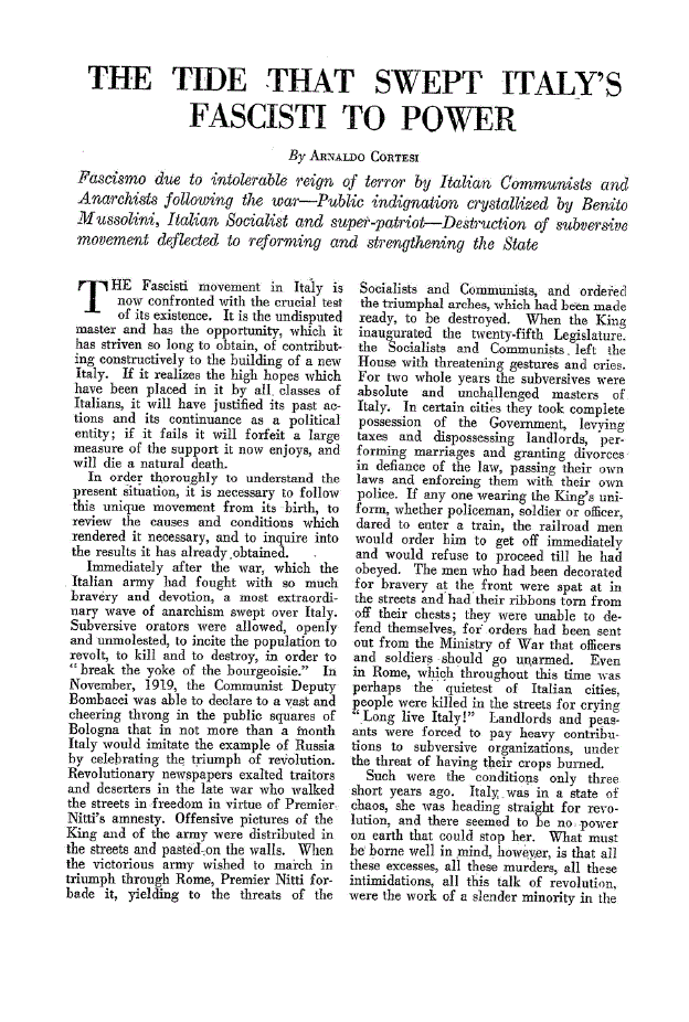 First page of The Tide that Swept Italy’s Fascisti To Power