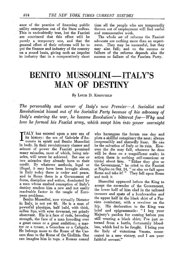 First page of Benito Mussolini— Italy’s Man of Destiny